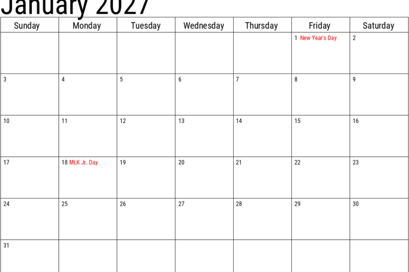 January 2027 Calendar With Holidays Printable: Plan Your Month Like a Pro