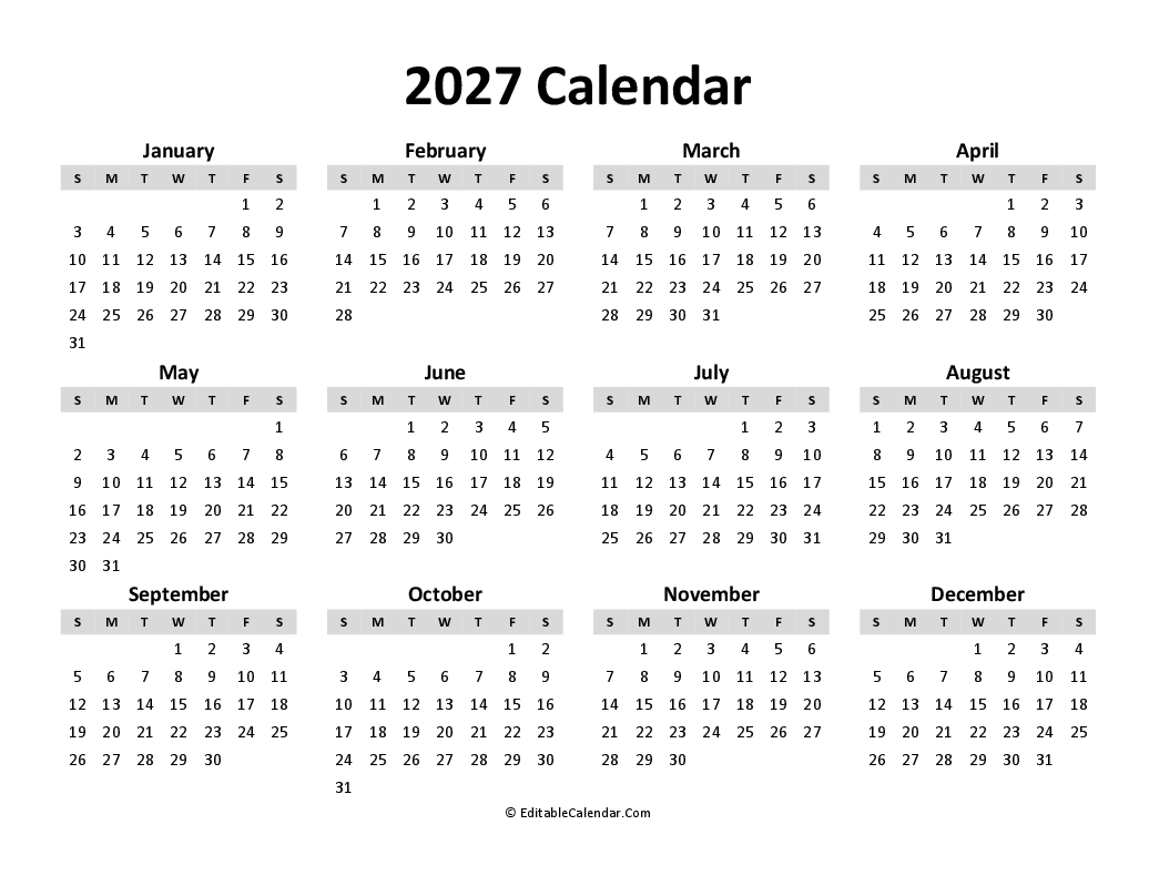 Grab Your Free Editable Calendar 2027 Word Template Today